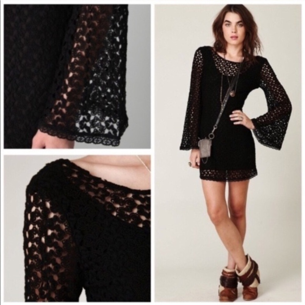 Free People Gypsy Black Crochet Bell Sleeve Dress - Picture 3 of 7